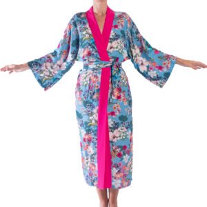 Kimono largo azul y rosa